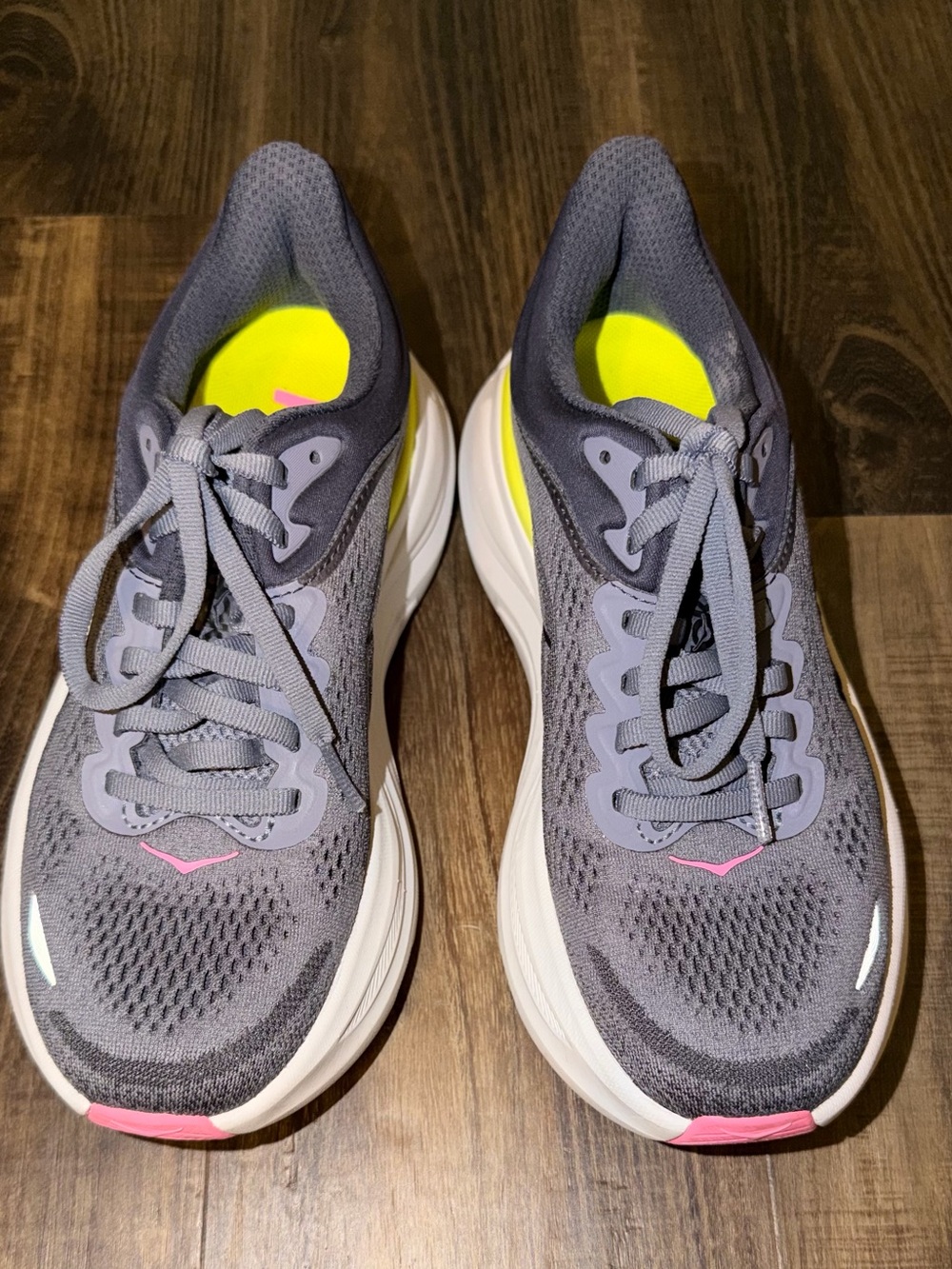 Hoka One One Women's Gray Athletic Shoes with Yellow & Pink Accents - Picture 2 of 3